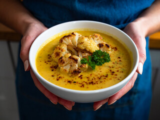 Woman holding bowl with cauliflower cream soup, close-up
