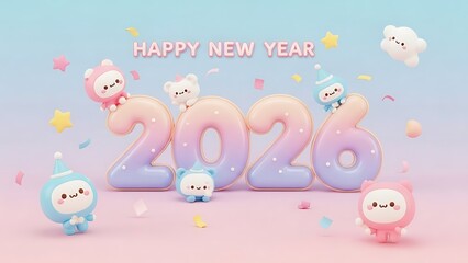 Cute 3D Cartoon Characters Celebrating New Year 2026 with Balloons