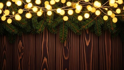 String of warm yellow fairy lights draped over dark green fir tree branches border above a rich brown wooden background texture, perfect for holiday greetings and winter celebrations