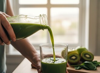 Close up of a Person Pouring Fresh Green Juice into a Glass with Apples and Kiwi Slices on a Wooden Countertop