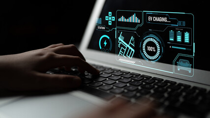 Charging interface for electric vehicles showing real-time battery level, charging status, power output, station location, and navigation for efficient energy management Latch