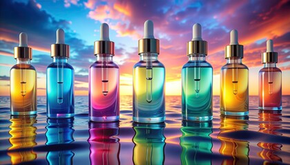 Assorted Dropper Bottles With Colorful Serums Lined Up On Reflective Water Surface Under A Dramatic Sunset Sky