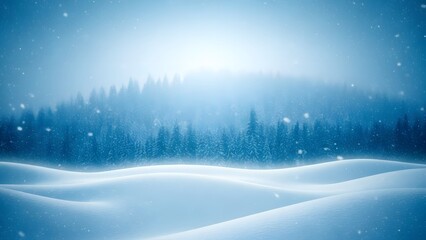 Magical winter landscape with snowcovered hills and a foggy forest silhouette under a bright, cold blue light with falling snow particles