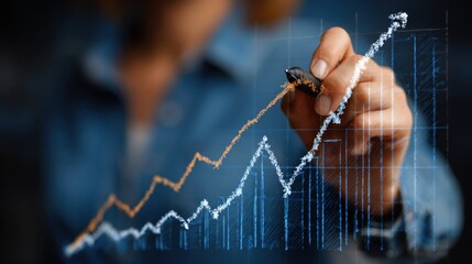 Businesswoman draws growth graph depicting business progress and analyzing financial data