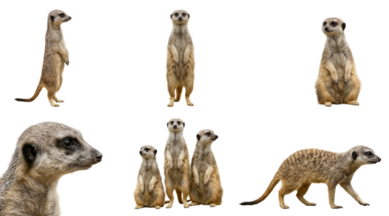 group of meerkats in various poses, standing guard, sitting, and a detailed profile isolated on a transparent background