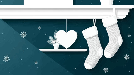 Cozy winter vector illustration featuring white stockings, heart and plant against a snowy background, concept for seasonal advertising, cozy home theme and celebration design