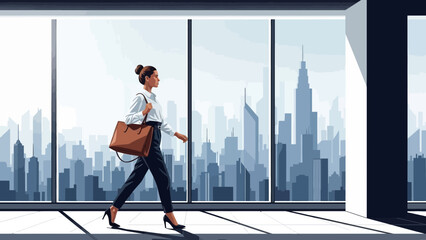 Professional woman walking confidently in modern office with city skyline view, carrying a stylish bag, concept for business success, corporate lifestyle and career development