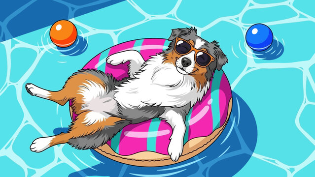 Cute cartoon Australian Shepherd dog in sunglasses relaxing on a donut float in pool, concept for summer advertisement, pet care promotion and travel illustration