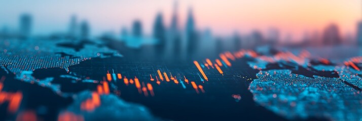 A digital representation of a world map with data visualizations and urban skyline in the background, illustrating global trends and analytics.