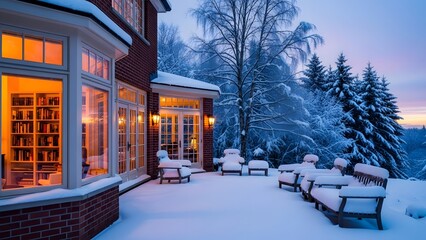 Cozy brick house exterior patio with outdoor furniture covered in fresh snow during a beautiful winter twilight sunset with illuminated windows and snowy forest background