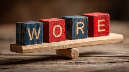 Balancing work and retirement wooden blocks on a seesaw concept illustrating life planning, career transition, and financial future on rustic wooden background