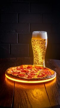 Pepperoni pizza and a glass of beer sitting on dark wooden table with neon glow.