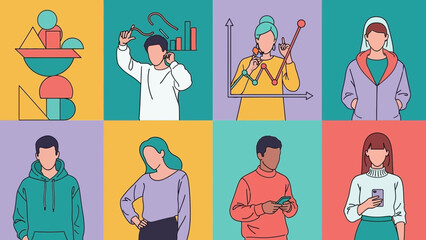 Diverse people illustrations engaging with technology and data alongside abstract shapes on colorful backgrounds, concept for business strategy, digital communication and modern lifestyle
