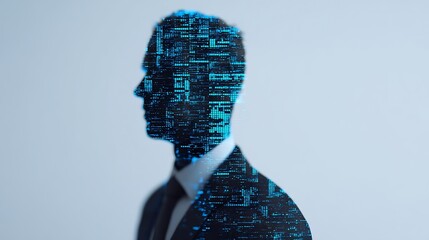 A digital silhouette of a man in a suit, overlayed with blue binary code, symbolizing technology and data.