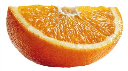 Ripe orange slice presents vibrant color and juicy texture against a clean white background, highlighting its freshness and natural appeal