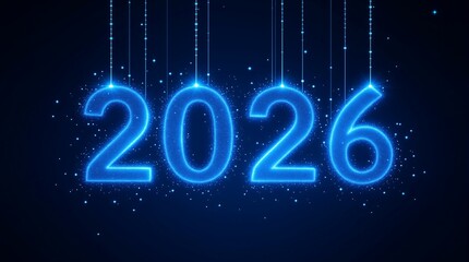 Glowing blue neon numbers 2026 hanging with sparkling particles