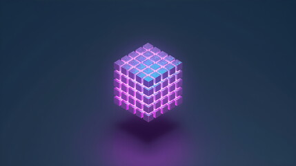 Futuristic isometric cube structure made of smaller blocks with blue and pink neon light
