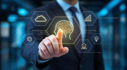 Businessman interacting with futuristic digital brain interface in modern office