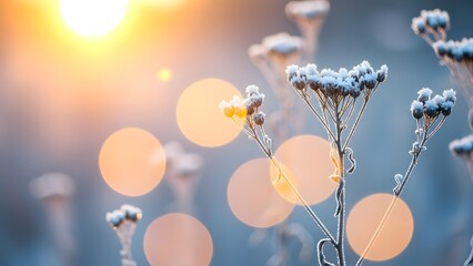 Closeup of frostcovered dried wildflowers against a soft, bokeh background with warm sunlight, capturing a serene winter morning atmosphere