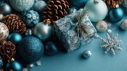 Merry christmas and happy holidays greeting card with a gift and christmas ornaments on a blue background, flat lay winter xmas holiday theme