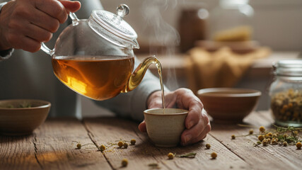 Macro close-up of older woman's hands pouring herbal chamomile tea from glass teapot