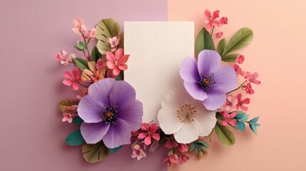 Creative flat lay features colorful spring flowers and leaves framing a blank paper card for a nature concept design, trendy decorative design