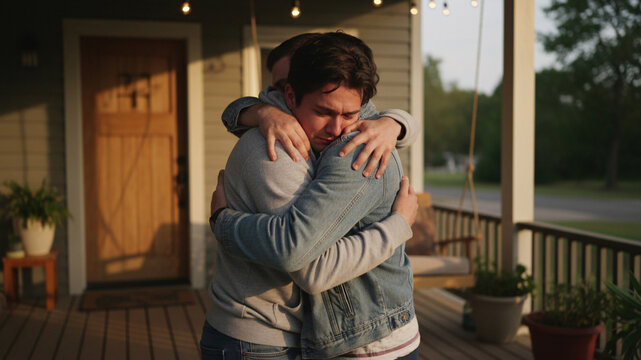 Two friends embracing tightly, one looking tearful and relieved during an emotional reunion. - Powered by Adobe