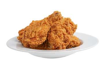 Fried chicken drumstick pieces on white plate isolated on whte background with clipping path.