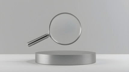 3D magnifying glass floating over a silver podium on grey background