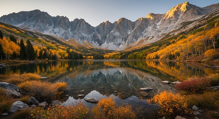 Serene mountain lake reflects vibrant autumn foliage under a clear sky