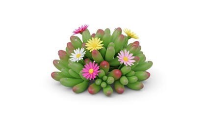 A colorful succulent plant with flowers and green leaves on a white background.