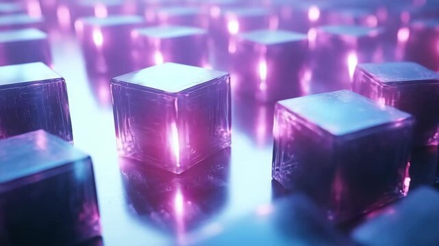 A close up of glowing futuristic glass cubes arranged in rows, illuminated with neon pink and violet lights, technology, blockchain, artificial intelligence, innovation, data storage and networks.