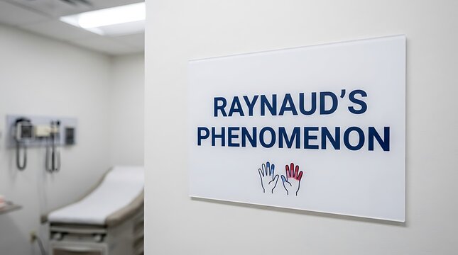Clear Raynaud's Phenomenon informational sign mounted in a clean, modern medical examination room