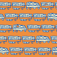 Seamless pattern with doodle train on orange background.