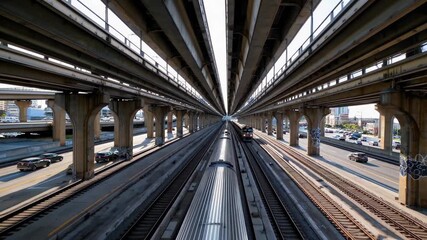 Urban kaleidoscope of parallel train tracks and layered highway overpasses, geometric repetition and converging lines conveying dynamic metro movement, speed and connection