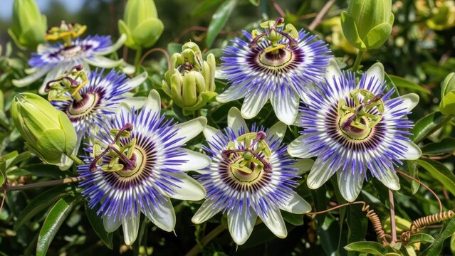 Purple passionflowers with green leaves and buds on a green plant with green leaves and buds.