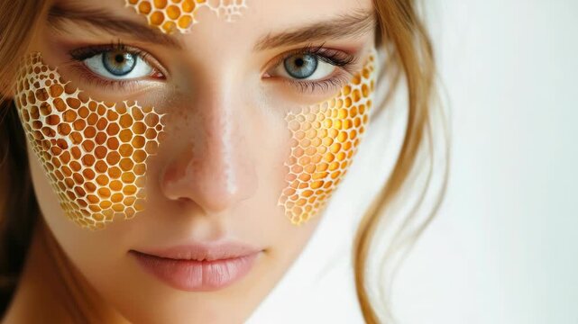 Video Close-up of a woman's face with bee honeycombs applied, possibly for a performance or art project