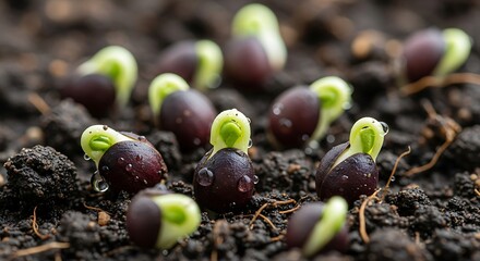 Close up of tiny green sprouts emerging from dark soil.