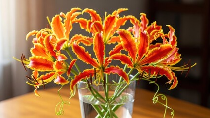 A vibrant bouquet of flame lilies in a clear glass vase on a wooden table.