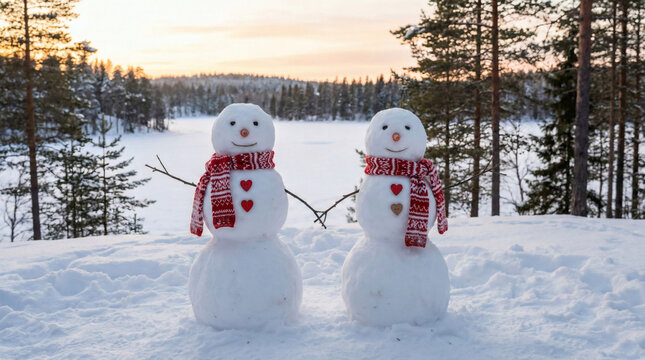two snowmen side by side representing a couple holding stick hands with heart shaped buttons and matching scarves romantic winter landscape