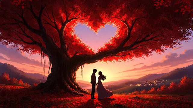Anime couple embracing under a heart-shaped tree during a romantic sunset, a symbol of love and togetherness