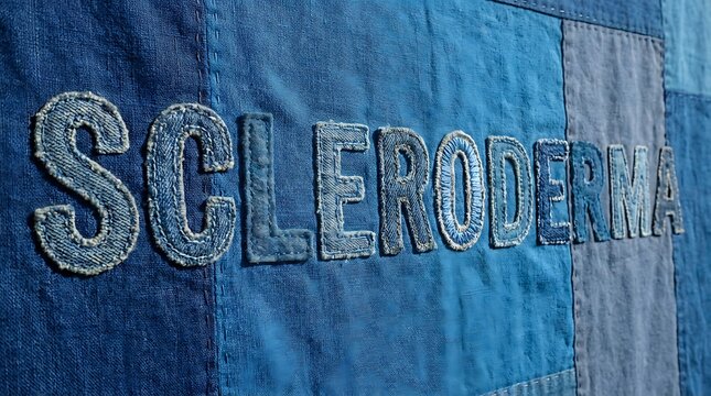 A striking depiction of the word SCLERODERMA, crafted from denim material, is artfully displayed on a patchwork background. 