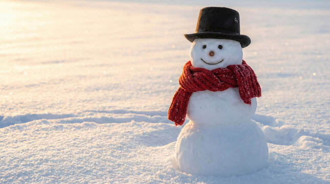 cheerful snowman wearing a red knitted scarf and a black top hat standing in a pristine white snowy field during the golden hour soft sunlight reflecting on snow crystals