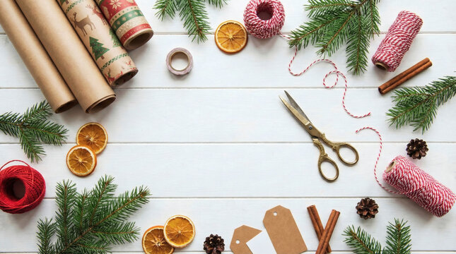 flat lay composition of christmas preparation including wrapping paper scissors tape evergreen sprigs and dried orange slices on a white table