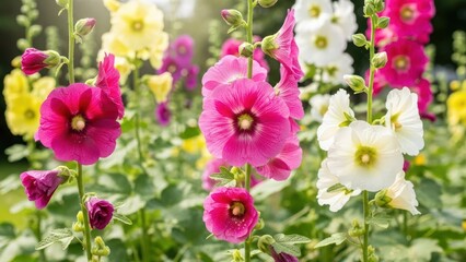 A vibrant flower garden with pink, white, and yellow hollyhocks in full bloom.