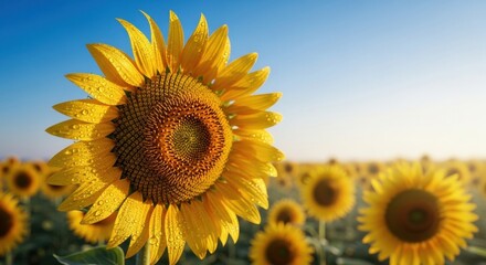 Obraz premium Dew-kissed sunflower field under bright blue sky
