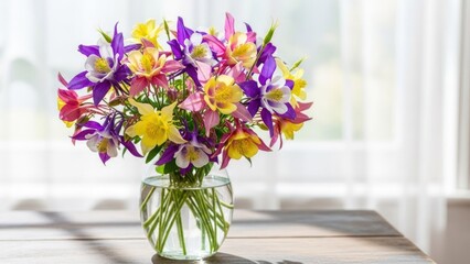 A colorful bouquet of aquilegia flowers in a glass vase on a wooden table with a window in the background. © sambath