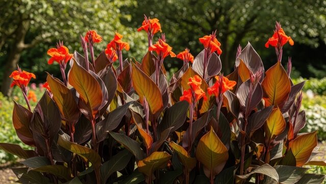 A vibrant display of orange and red canna lilies in a lush garden setting.