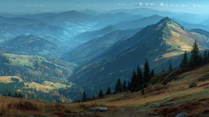 Scenic vista showcases hiking path winding through autumn mountain landscape in Tatry National Park, Poland, with colorful foliage and rocky peaks under blue sky