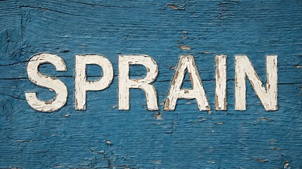 A weathered wooden sign with bold white letters spells out the word SPRAIN, against a backdrop of textured blue paint. The photograph evokes a sense of both simplicity and rustic charm.